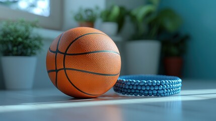 A basketball and a blue circular object on a floor near plants.