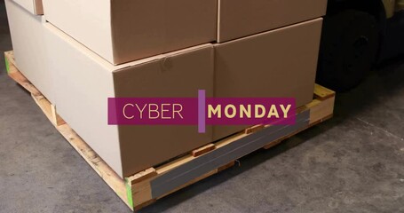 Poster - Animation of cyber monday text over boxes in warehouse
