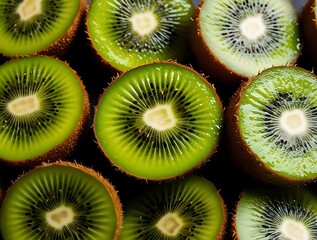 sliced kiwi fruits in close detail and on top half the whole kiwi fruit, (17)