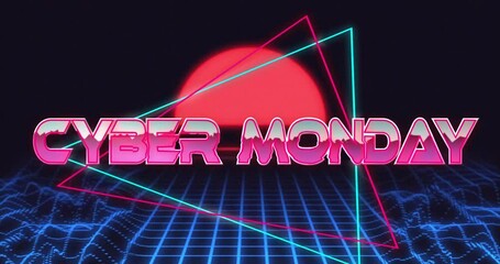 Poster - Animation of cyber monday text over digital mountains and sun