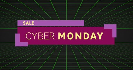 Wall Mural - Animation of sale cyber monday text over green lines on black background