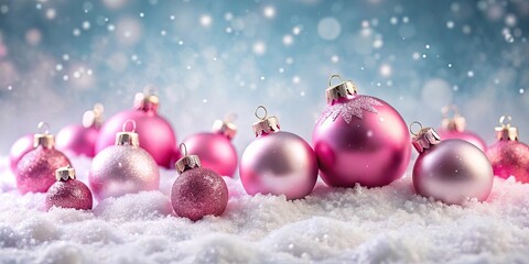 Wall Mural - Cluster of Pink Christmas Ornaments on Snowy Landscape with Hazy Backdrop