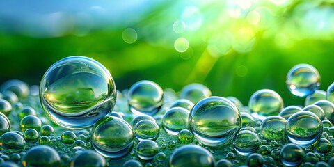 Macro close-up of water bubbles on lush green surface with light blue sky background