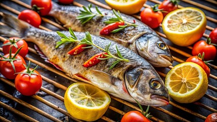 Delicious grilled fish with fresh tomatoes and lemon slices on the BBQ