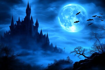 Wall Mural - Vampire castle, looming over a dark, misty forest, with bats circling and the full moon casting eerie shadows