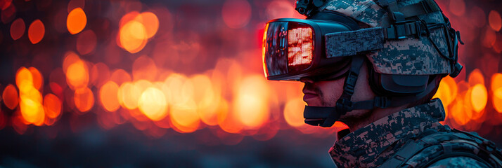 Sticker - A soldier wearing a VR headset with a blurred background of orange lights.