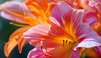 Radiant close-up of orange and pink flower petals illuminated by sunlight, showcasing natures intricate textures and vibrant beauty.