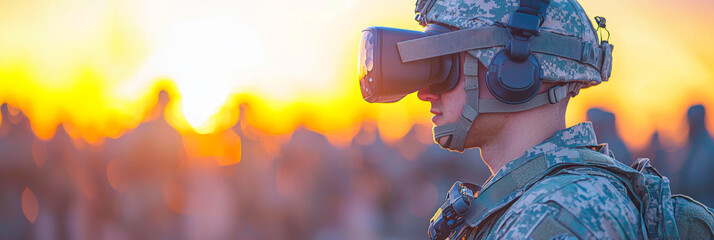 Sticker - A soldier in camouflage uniform wears a VR headset during training.