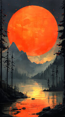 Sticker - A large red sun sets over a tranquil lake in a mountain valley.