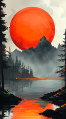 Sticker - A large red sun sets behind a mountain range, reflecting on the still lake water.