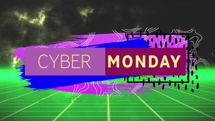 Sticker - Cyber Monday text animation over colorful abstract shapes and grid background