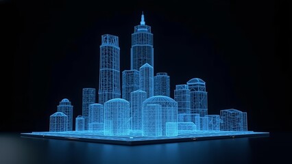 Poster - hologram background of city buildings with neon blue stripes