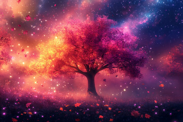 Wall Mural - A tree with leaves of different colors is in a field of grass