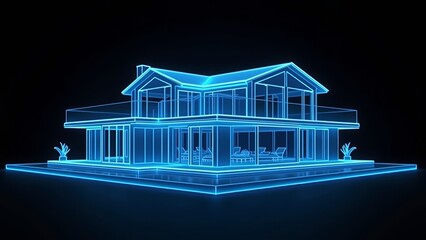 Poster - modern house hologram with neon blue stripes isolated on black background