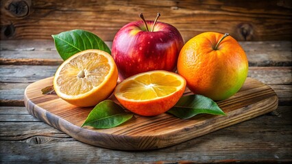 Vibrant still life painting of apple, orange, and slice on wooden plank with leaf