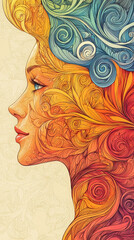 Poster - Woman's face in ornate swirls, vivid colors.