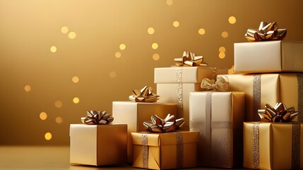 Poster - Golden gift boxes on golden bokeh background. 3D rendering - Generated AI