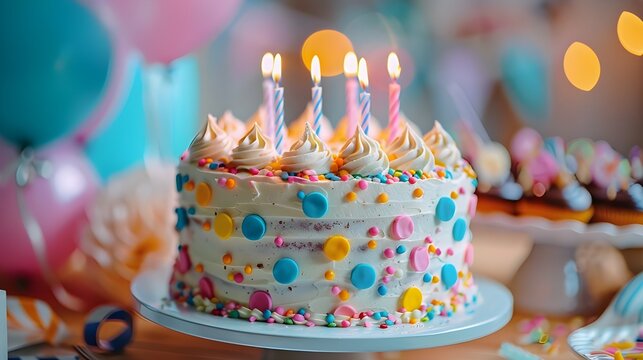 Birthday cake with candles on the background of balloons and decorations. - Generated AI