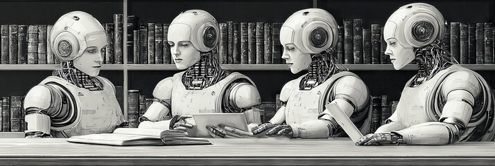 Four robots in a library, researching.