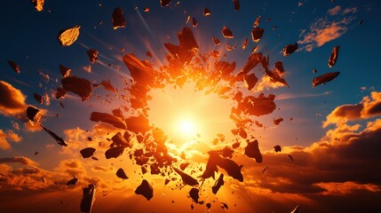 Poster - A dramatic explosion with rays of light emerging from the center, creating a mesmerizing view against the blue sky.