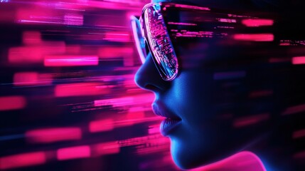 Sticker - A futuristic silhouette with reflective sunglasses against a backdrop of vibrant pink and blue light trails.