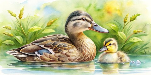 Close up watercolor painting of duck with duckling head, nature wildlife concept