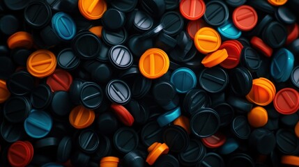 Canvas Print - An abstract mix of colorful plastic caps scattered on a dark surface, showcasing vibrant hues and shapes.