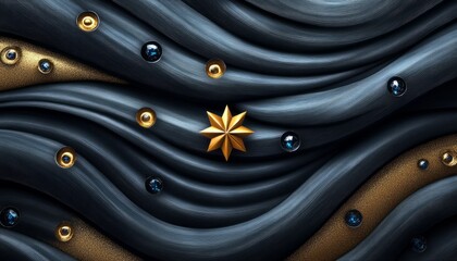 Wall Mural - Abstract 3D Illustration with Wavy Texture, Gold Star, and Blue Spheres