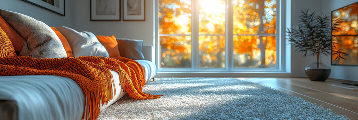 Canvas Print - Cozy living room with a warm blanket on the couch and autumn leaves out the window