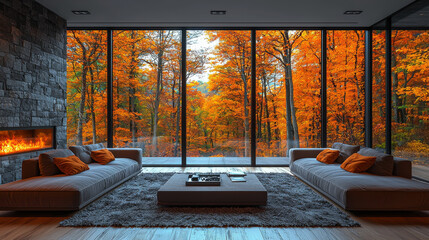 Canvas Print - Cozy living room with a fireplace and a view of fall foliage.