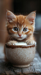 Sticker - Adorable ginger kitten peering over a bowl.