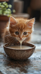 Sticker - Cute orange kitten drinking milk from a bowl.