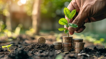 A hand gently planting a green seedling beside stacks of coins, symbolizing growth, investment, and sustainable financial success...