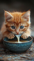 Sticker - Cute orange tabby kitten drinking milk from a bowl.