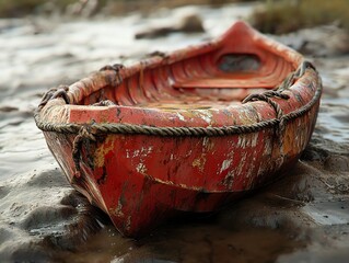 Wall Mural - Weathered Red Boat on a Sandy Shore