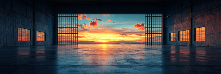 Poster - Open hangar doors reveal a stunning sunset.