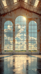 Poster - Sunlight streams through large windows in a weathered industrial space.