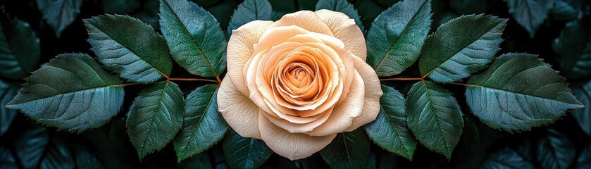 Wall Mural - Soft Dewy Rose Bloom on Green Leaves