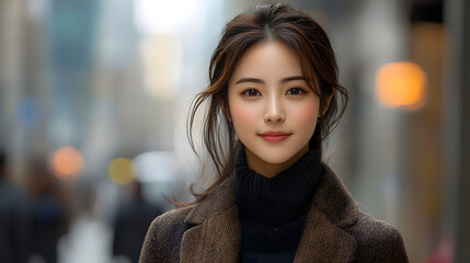 A young woman stands confidently in an urban setting, showcasing modern fashion and beauty amidst a bustling city backdrop.