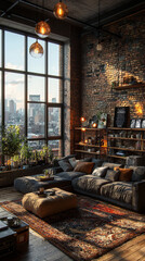 Wall Mural - Spacious loft living room with exposed brick wall, city views, and a plush sectional sofa.