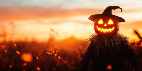 A cheerful scarecrow with a pumpkin head stands in a sunset field, capturing the essence of autumn and Halloween festivities.