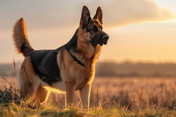 Wall Mural - Majestic german shepherd in scenic sunset landscape AI