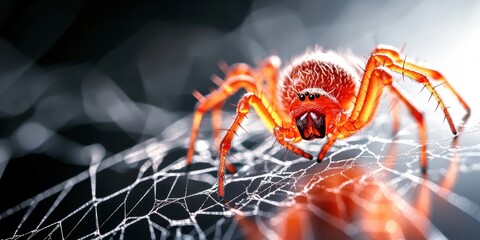 Sticker - Close-up of a vibrant red spider on its intricate web, showcasing detailed textures and striking colors against a blurred background.