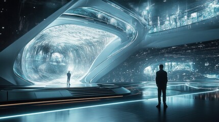Poster - Futuristic concert stage design, featuring cutting-edge technology, holographic displays, and sleek, modern aesthetics, offering a glimpse into the future of live performances.