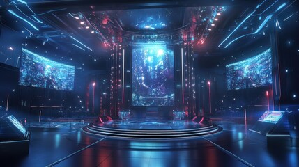 Poster - Futuristic concert stage design, featuring cutting-edge technology, holographic displays, and sleek, modern aesthetics, offering a glimpse into the future of live performances.