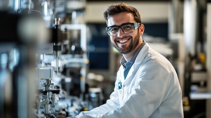 Poster - Happy engineer man in innovative materials research, actively engaged with advanced materials, showcasing cutting-edge discoveries and futuristic applications in a high-tech lab.