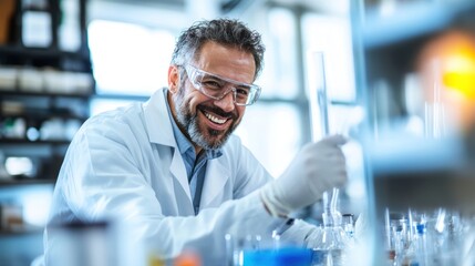 Poster - Happy engineer man in innovative materials research, actively engaged with advanced materials, showcasing cutting-edge discoveries and futuristic applications in a high-tech lab.