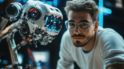 Poster - Happy engineer man with robotics project, actively engaging with robotic components, showcasing excitement and innovation in a cutting-edge tech environment.