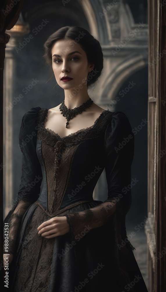 Vampire Formal old fashioned portrait gothic brunette illustration vampire lady gown ...