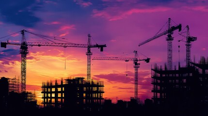 Poster - Silhouette of construction site at dusk, with the fading light creating a dramatic contrast between the dark outlines of structures and the vibrant colors of the sky.